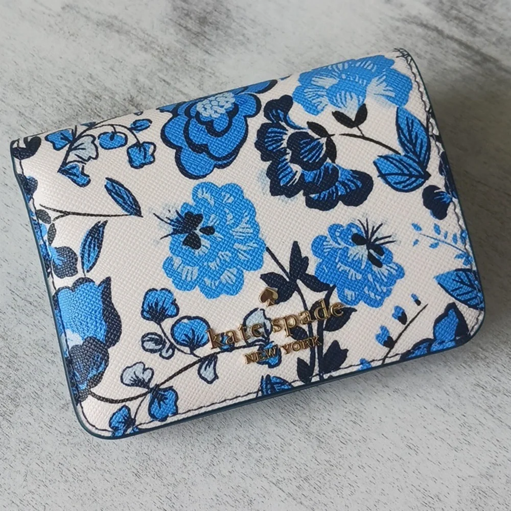 Kate Spade Madison Vase Floral Printed Med Blue White Bi-Fold Leather Wallet